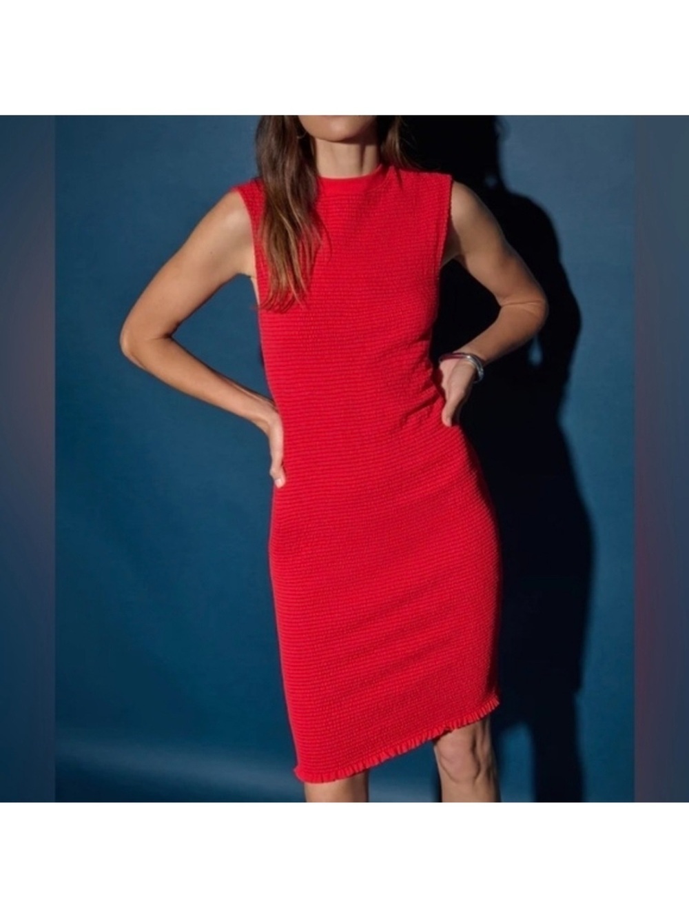 Nation LTD Sarabell Smocked Red Fitted Midi Dress - Size Large